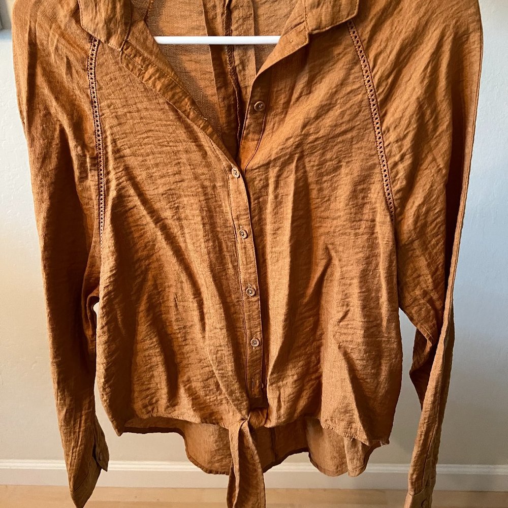 Cage Tie Front Button Down Long Sleeve Blouse